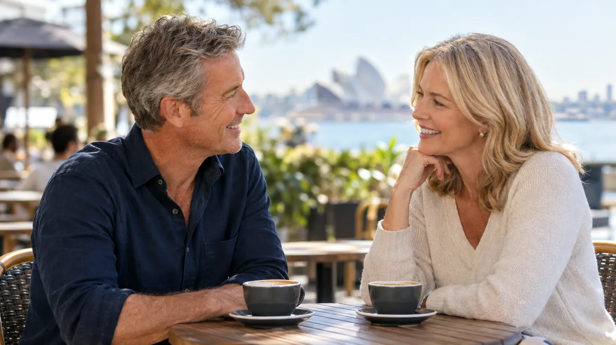 Two people in their fifties on a relaxed first coffee date at a public café