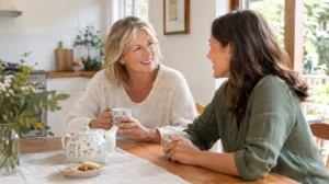 Mother and adult daughter talking over a cup of tea at a kitchen table