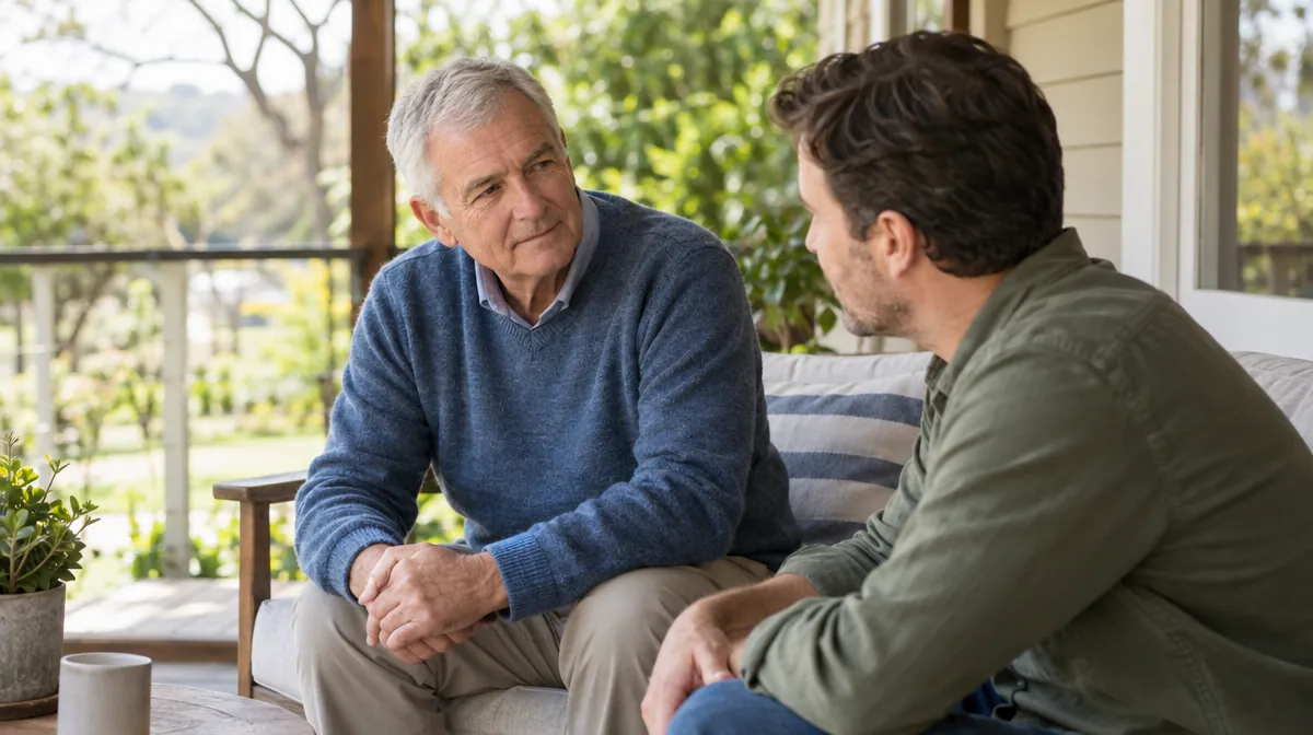 Father in his sixties talking quietly with his adult son on a verandah